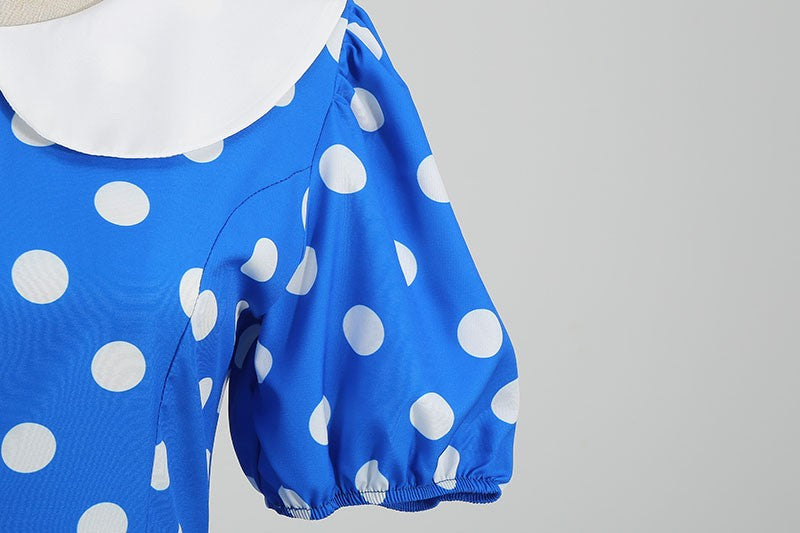 Elegant Women Summer Dress Puff Short Sleeve Polka Dot Peter pan Collar Vintage A-line Midi Long Party Sundress