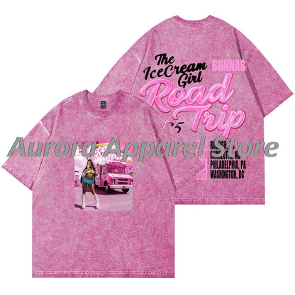 BunnaB The Ice Cream Girl Road Trip Vintage Wash T-Shirts Cosplay Women Men Cotton Short Sleeve Tee