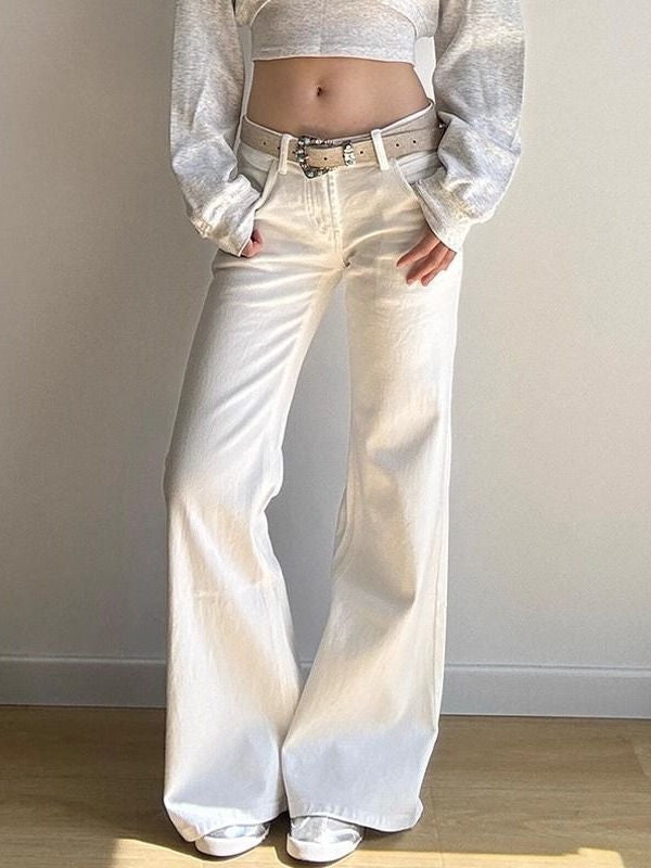 Low Waist White Denim Jeans Women's Spring Autumn 2025 New Design Slim Fit Bell Bot Wide Leg Pants Stand Fit Jeans
