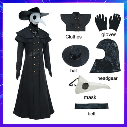 Plague Doctor Bird Cosplay Costume Medieval Hooded Robe Horrord Monk Steampunk Cloak Halloween Carnival Adult Kids Lantern Stick