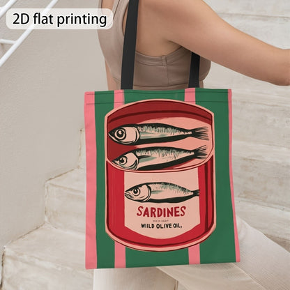 1pc Canned Sardines Durable Polyester Tote Bag - High-Quality Printed Design, Ideal for Work, Travel