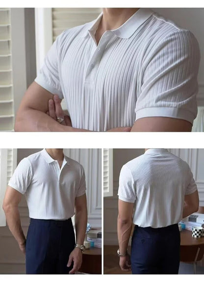 New Vertical Stripe Knit Polo Men's Shirts Summer Slim Solid Color Breathable Turn-Down Collar Business Short Sleeve Polo Tops