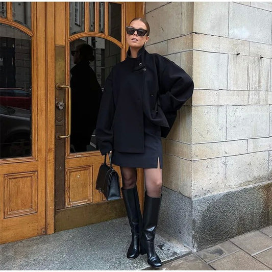 Women Fashion Stand Collar Woolen Jacket Single Breasted Long Sleeve Female Coat 2025 Autumn Chic Street Office Short Outerwears