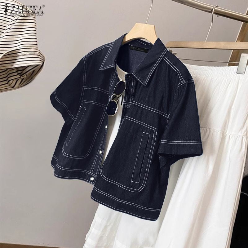 ZANZEA Women's Denim-Like Contrast-Stitch Shirts 2025 Fashion Turn-Down Collar Short Sleeve Button Up Shirt Streetwear Woman Top