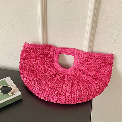 Summer Straw Women Half-moon Beach Handbag Rattan Handmade Handle Fashion Kintted Tote Bag