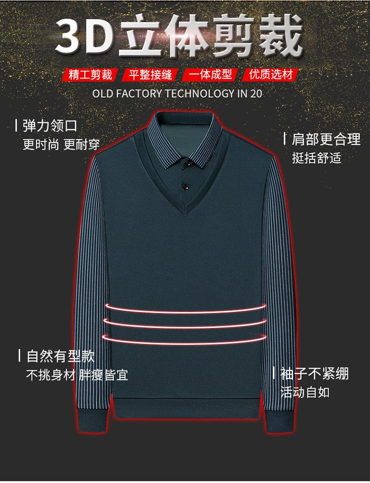 Fashion Fake Two-piece Men Long Sleeve Shirt Stripe Splice Lapel Loose Casual Pullover Tops 2025 Male Formal Business Polo Shirt