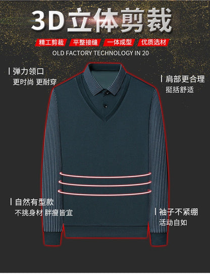 Fashion Fake Two-piece Men Long Sleeve Shirt Stripe Splice Lapel Loose Casual Pullover Tops 2025 Male Formal Business Polo Shirt