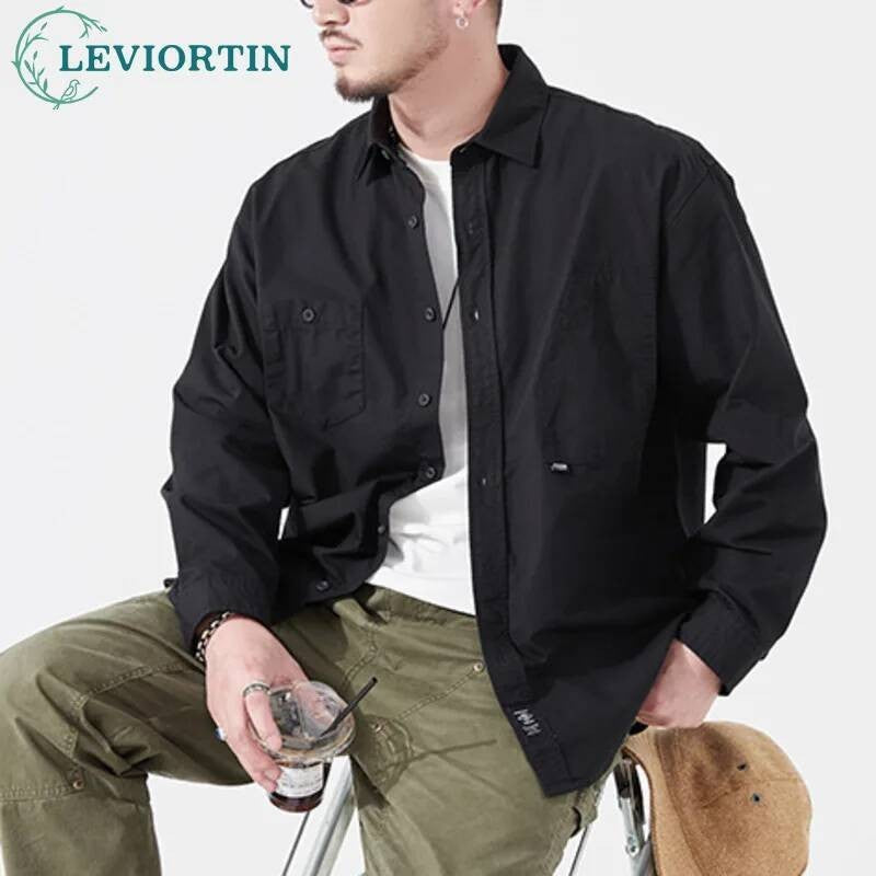 Men's Cargo Shirt Long Sleeve Premium Cotton Solid Color Japanese Streetwear Simple Handsome Chest Pocket Outdoor Work Shirst