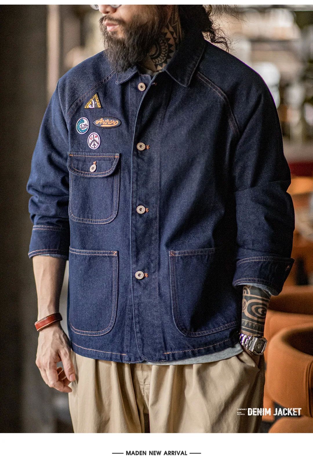 Maden Vintage 12.8oz Heavyweight Denim Jacket Embroidered Badge Washed Lapel Casual Outerwear for Men Spring and Fall Chore Coat