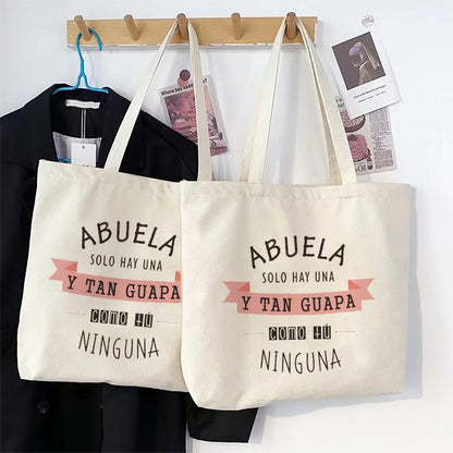 Spanish Abuela Quote Tote Bag Vibrant Shoulder Handbag with Heart Ribbon Design Perfect for Mother’s Day & Grandma Appreciation