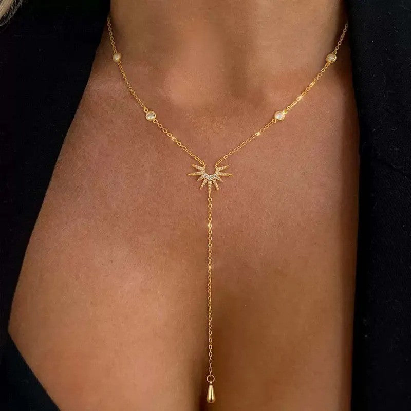 Colar com Pingente em Y de Aço Inoxidável para Mulheres e Meninas Elegante Moda Zircônia Cúbica com Borla Longa Gargantilha Joias de Presente