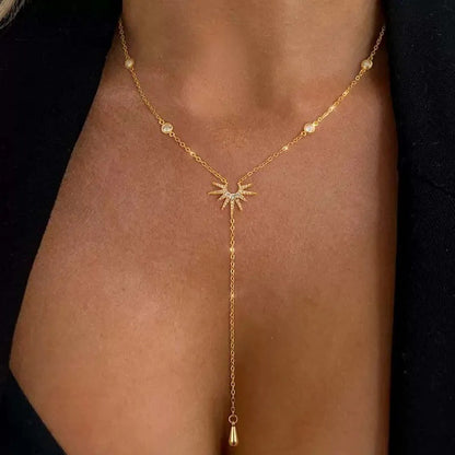 Colar com Pingente em Y de Aço Inoxidável para Mulheres e Meninas Elegante Moda Zircônia Cúbica com Borla Longa Gargantilha Joias de Presente