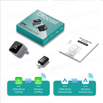 Adaptador OTTOCAST Mini Slim Cube sem fio para CarPlay e Android Auto, 2 em 1, USB, acessórios inteligentes para carro VW Haval Audi Kia Porsche Lexus