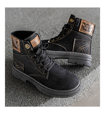 Retro blue men's denim boots, lace-up thick-soled boots, men's ankle boots, casual men's work shoes, Botas Hombre, size 48