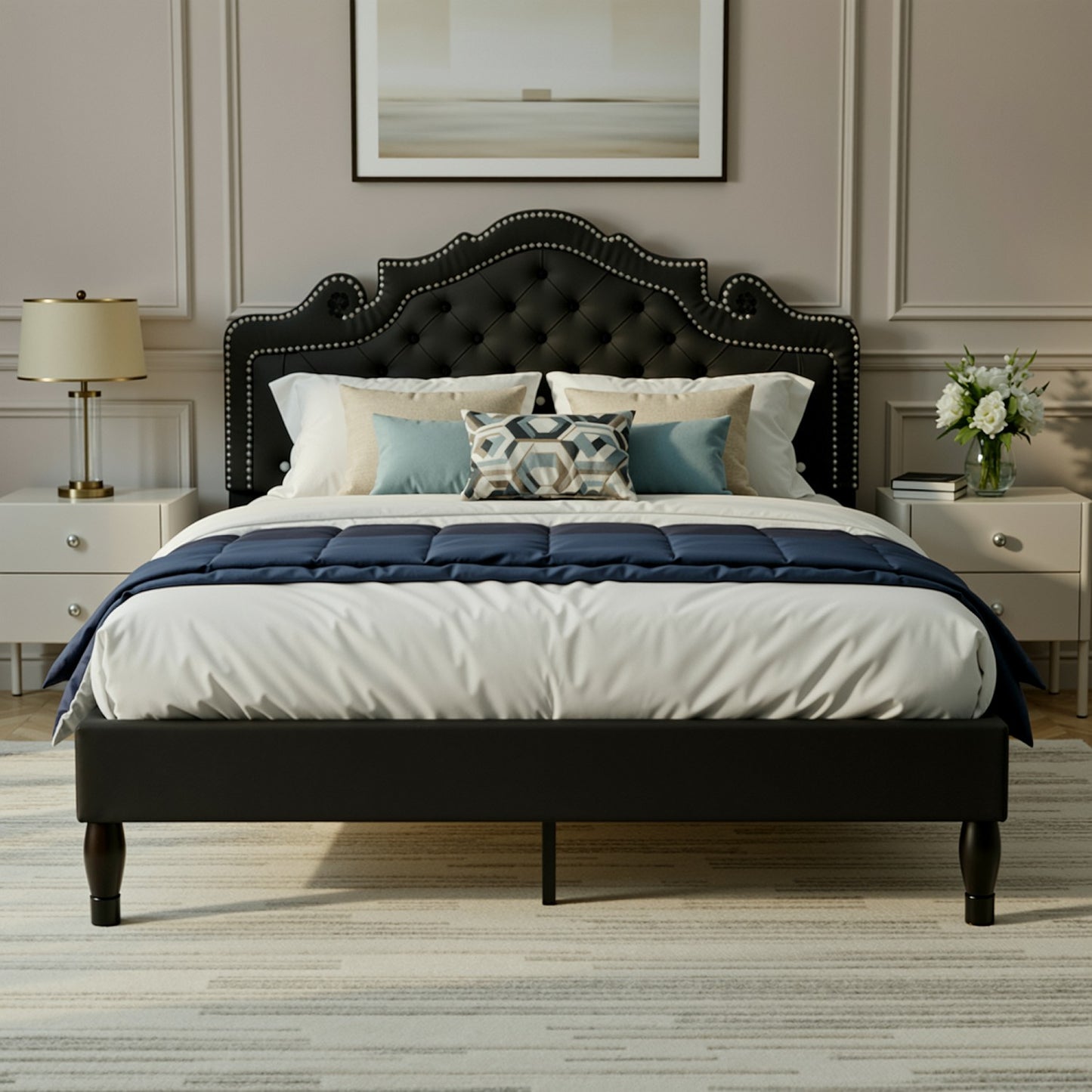Base de Cama de Veludo HOOMIC nos Tamanhos Casal/Queen/King com Cabeceira Tiara Ajustável, Cama Plataforma Estofada com Capitonê de Diamante