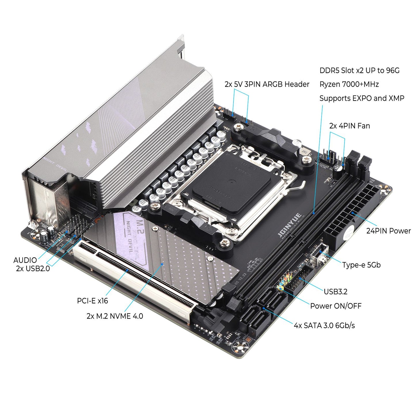 JGINYUE AM5 Motherboard supports AMD Ryzen 7000 series CPU processors DDR5 dual channel Memory RAM ITX B650i Night Devil
