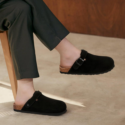 Crestar Women Cow Suede Clogs Cork Footbed Leather Mules Lady Outdoor Comfort Arch Support Potato Shoes With Adjustable Strap