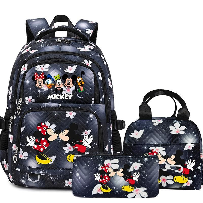 Mochila Mickey Minnie 3 Peças para Meninas e Meninos com Lancheira e Estojo, Mochila Escolar Fofa para Ensino Fundamental e Médio, Presente de Natal