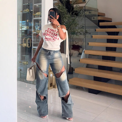 2025 New European and American Women's Clothing Fashion Street Trend Hollow Nail Buckle Old Straight Loose Denim Trousers