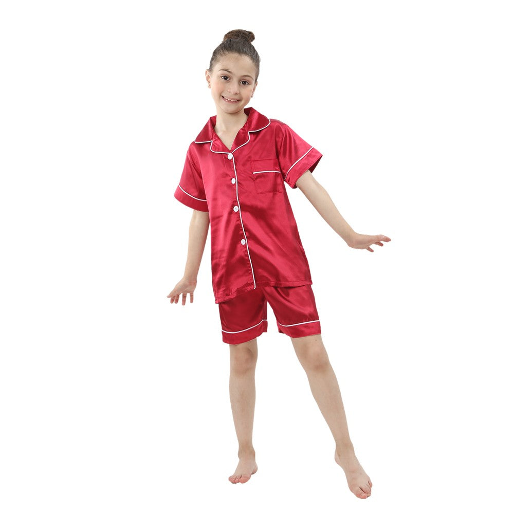 2 to 14 Years Boys Girls Pajamas Sets Kids Silk Satin Top Pant Long/Short Sleeve Solid Pyjamas Suits Nightgown Child Sleepwear