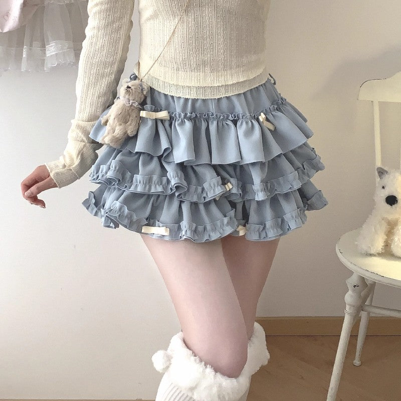 Y2K Sweet Ruffles Mini Skirt Women Kawaii Lolita Bow A Line Skirts Harajuku Japanese Cute High Waist Pink Blue Cake Skirt