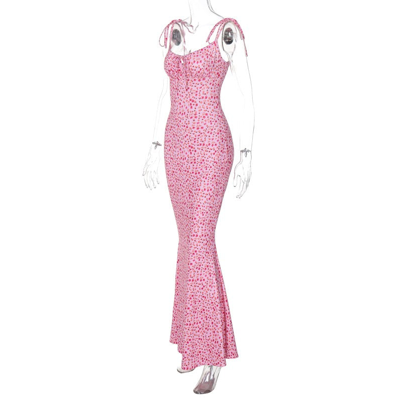 Hugcitar Floral Print Sleeveless Backless Slips Lace Up Maxi Dress Sexy Bodycon