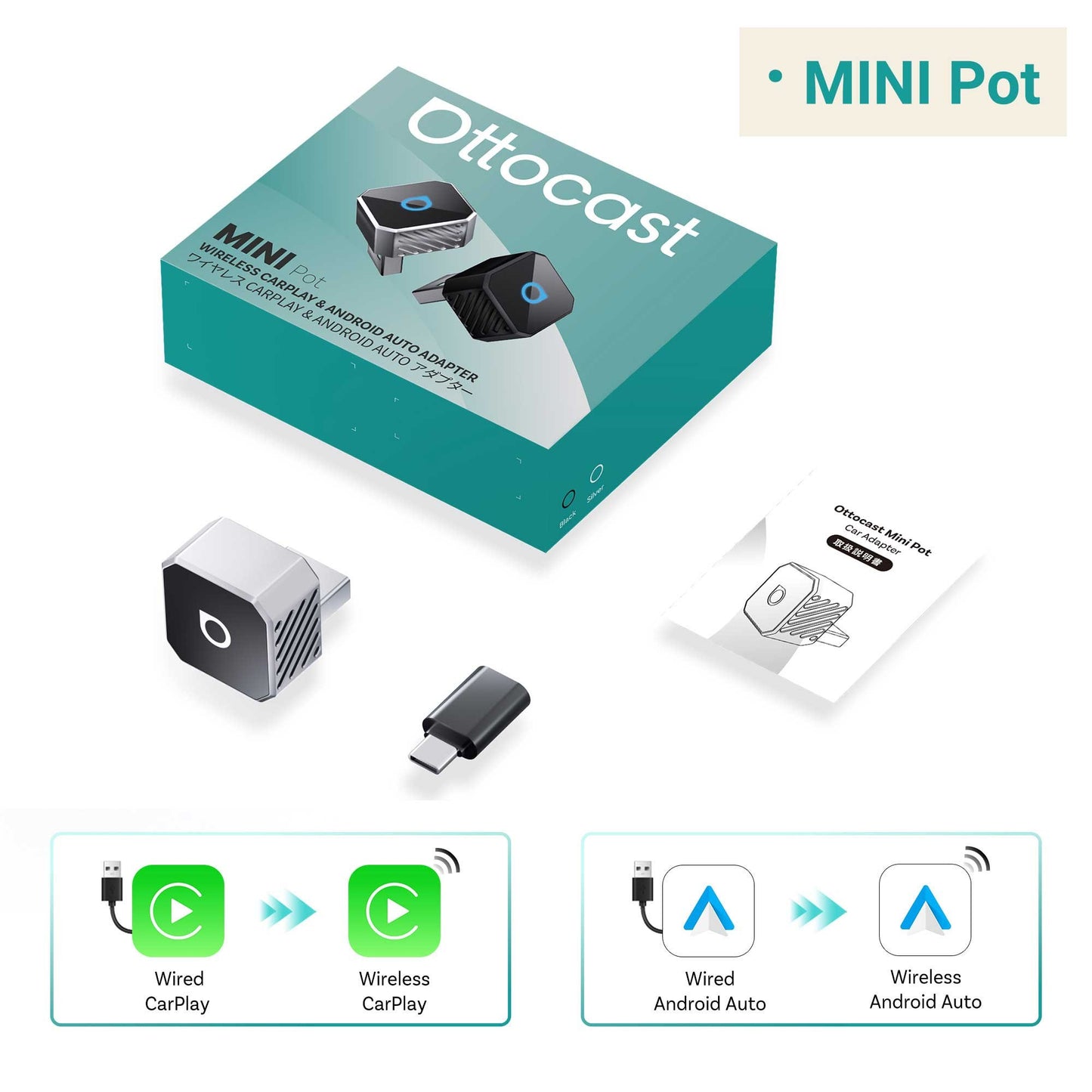 Adaptador OTTOCAST Mini Slim Cube sem fio para CarPlay e Android Auto, 2 em 1, USB, acessórios inteligentes para carro VW Haval Audi Kia Porsche Lexus