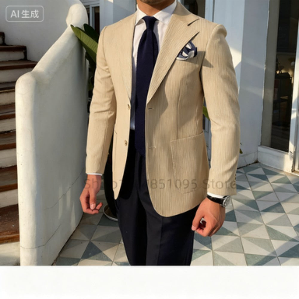 Summer Seersucker 2-Piece Men's Blue Striped Blazer Suit with Notched Lapel Casual Wedding Fine Fit Trousers Male Fashion