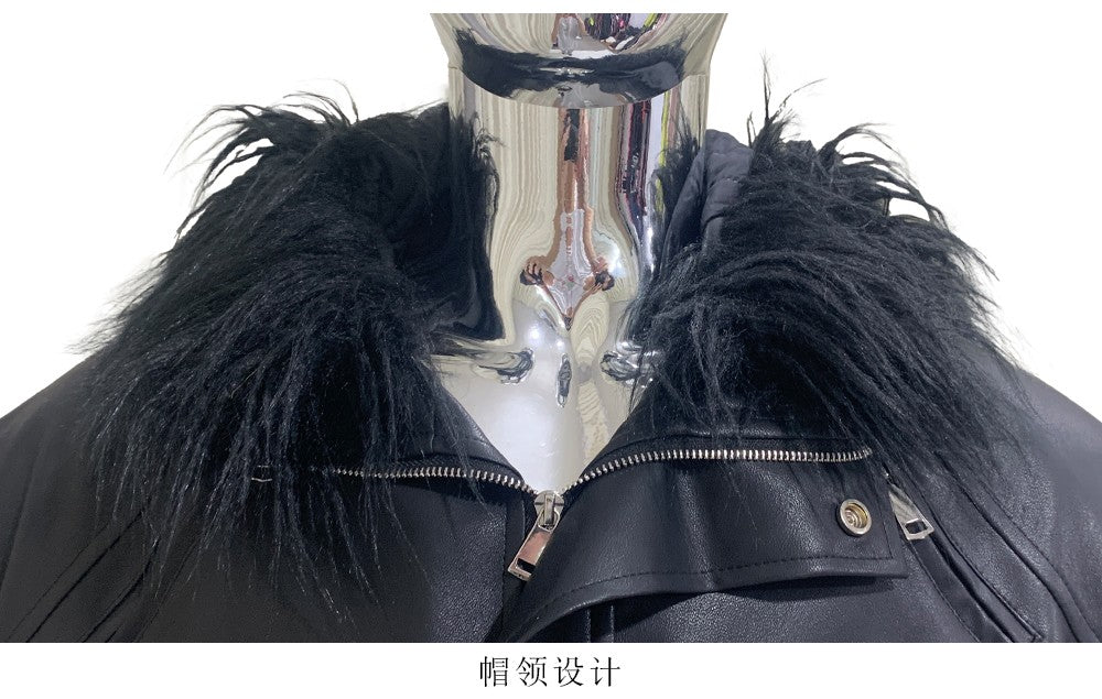 Mauroicardi Autumn Winter Short Oversized Black Warm Pu Leather Jacket Men with Faux Fur Trim Hood Loose Casual Korean Fashion