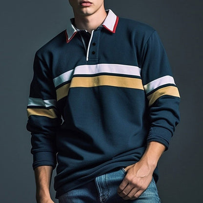 Men's Long Sleeve Polo Shirt 3D Stripes Print Pullover Autumn Business Casual Turn-down Collar Buttoned Oversized Mens Clothing