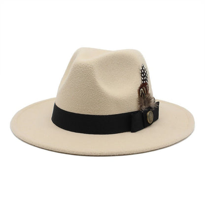 White Woolen Gentleman Classic British Jazz Feather Top Hat Wide Brim Party Church Wedding Fedora Hats Men Women Panama Felt Cap