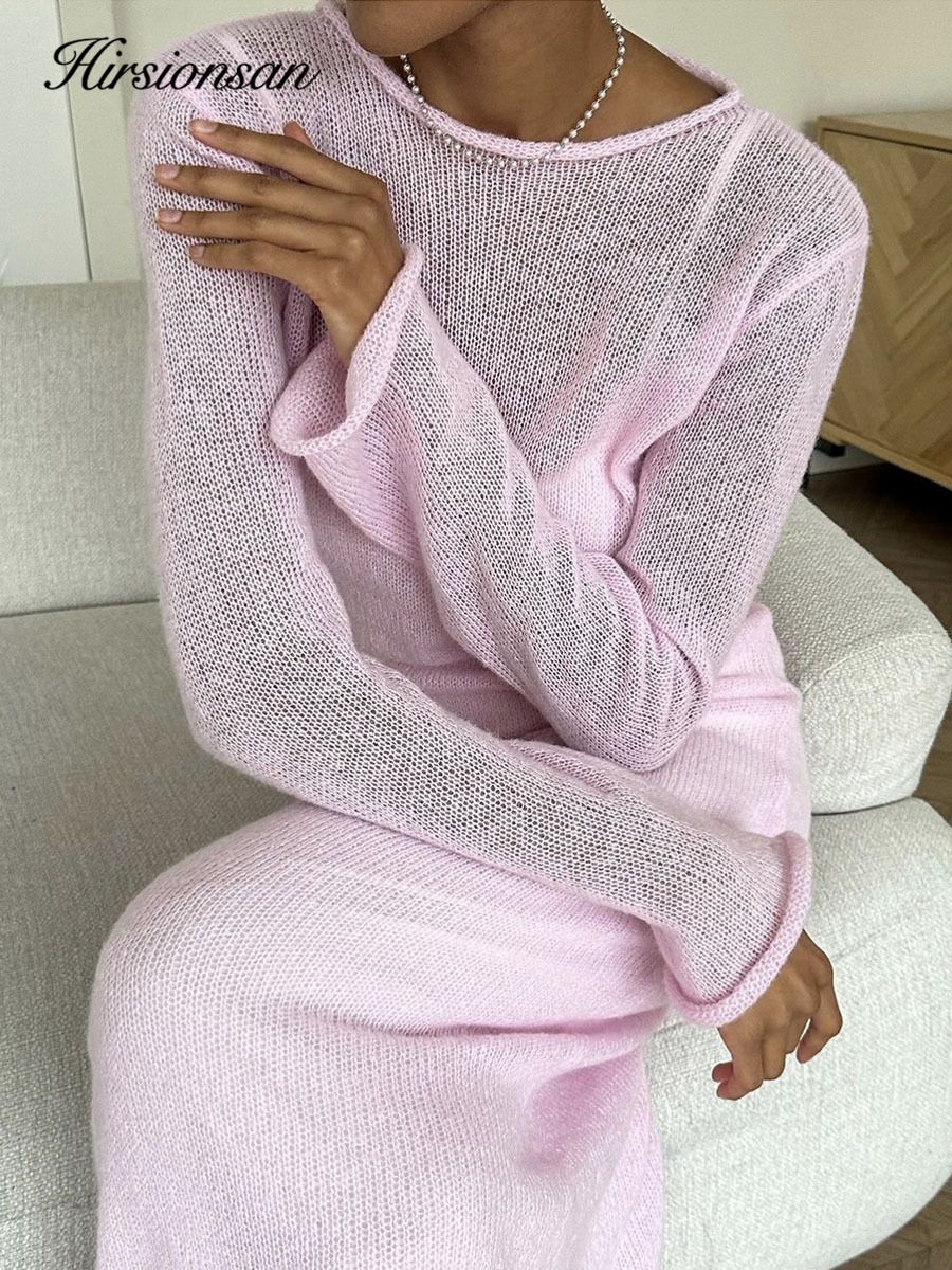 Hirsionsan Spring Autumn O-Neck Elastic Knit Long Dresses Women 2024 Elegant Chi