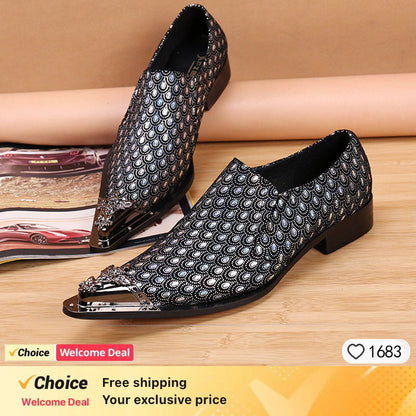 2024 Western Fashion Pointed Metal Toe Dress Shoes Blue Grey Party Wedding Leather Shoes for Men