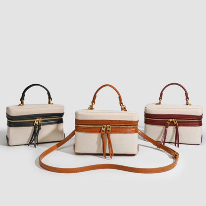 Women's Retro Canvas Spliced Lunch Box, Commuter Portable Shoulder Crossbody Small Square Bag, Adjustable Shoulder Strap