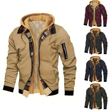 Jaqueta masculina de moletom com capuz outono inverno casual cor sólida falsa de duas peças com zíper e manga comprida quente