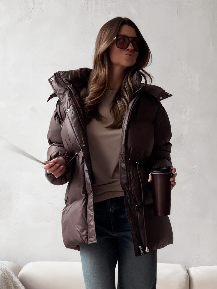 Chic Hooded Cotton Padded Jackets For Women Y2K Single Breasted Zipper Drawstring Coats 2026 Winter Pocket Long Sleeve Outerwear