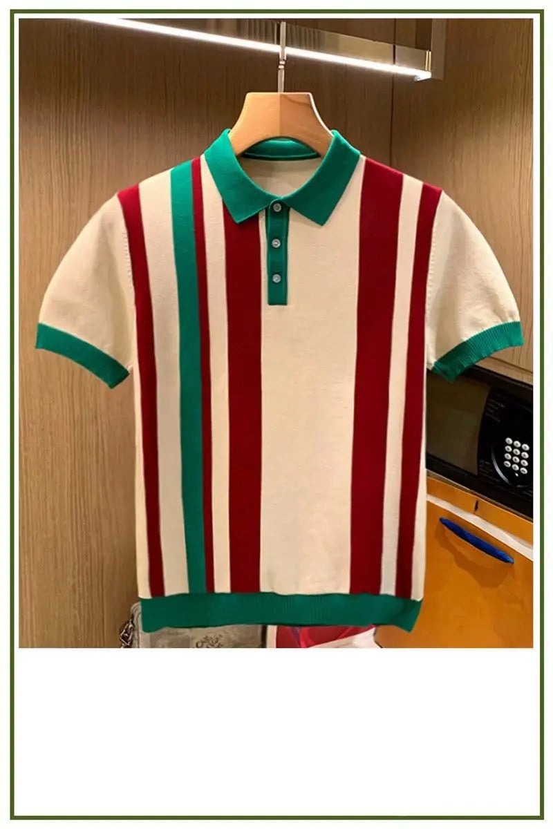 British Luxury Men's Fashion Slim Fit Knit Polo Shirt Casual Style Vertical Stripe Color Block Short Sleeves Sweater