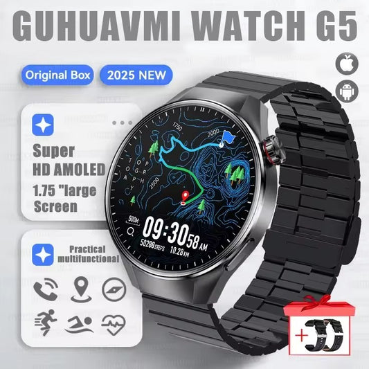Smartwatch 2025 Original G5 Plus, Tela AMOLED HD de 1,75", Rastreamento GPS, Frequência Cardíaca, Chamada Bluetooth, Bússola para Homens