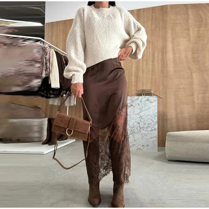 Satin Skirts Women Loose High Waist Patchwork Lace See Through Skirt Female 2025 Chic Solid Sexy Elegant Streetwears