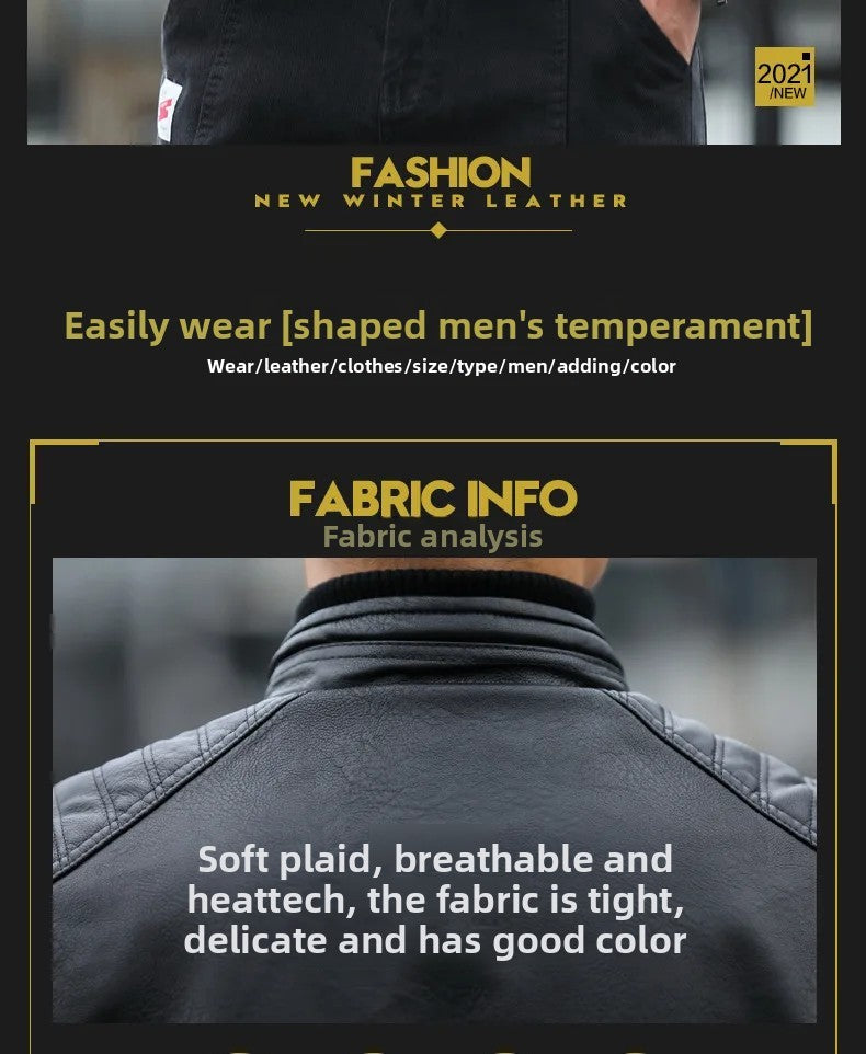 Men's Fleece Lined Biker Jacket Stand Collar Casual Versatile Spring Autumn Leather Coat for Students Fashionable Outerwear