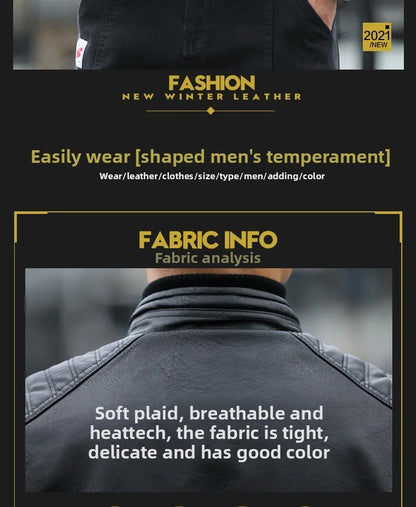 Men's Fleece Lined Biker Jacket Stand Collar Casual Versatile Spring Autumn Leather Coat for Students Fashionable Outerwear