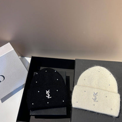 Rhinestone Decor Rabbit Fur Knitted Hat Warm Ear Flap Beanie for Women Luxury Soft Slouchy Cap Face Slimming Design