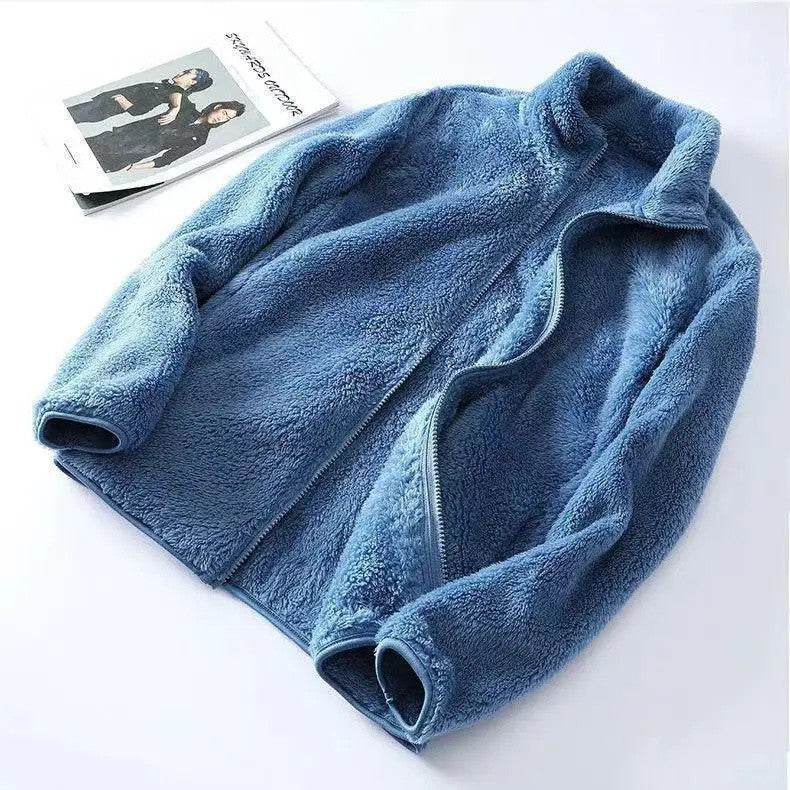 Women's Double-Sided Fleece Jacket Grey Warm Stand-Collar Thick Winter Outerwear Trendy Sweatshirt Style Casual Loose Fit
