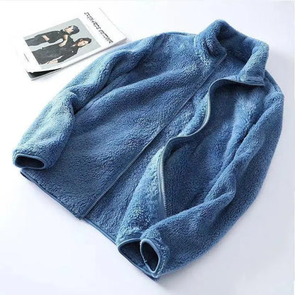 Women's Double-Sided Fleece Jacket Grey Warm Stand-Collar Thick Winter Outerwear Trendy Sweatshirt Style Casual Loose Fit