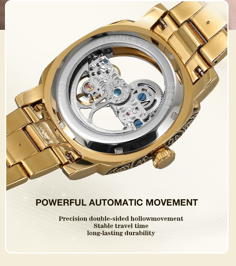FORSINING High-end Luxury Gold Skeleton Mechanical Man Watch Automatic Movement Clock Stainless Steel Male Bronze Wrist Watches