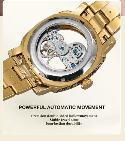 FORSINING High-end Luxury Gold Skeleton Mechanical Man Watch Automatic Movement Clock Stainless Steel Male Bronze Wrist Watches