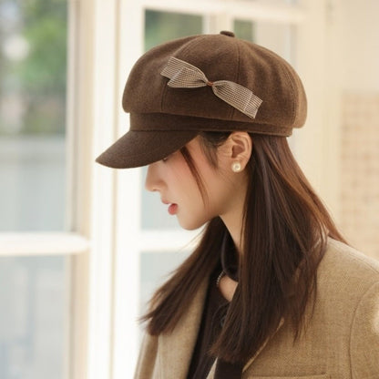 Retro Wool Bow Beret Solid Color Warm Painter Hat Versatile Y2k Newsboy Hat Female