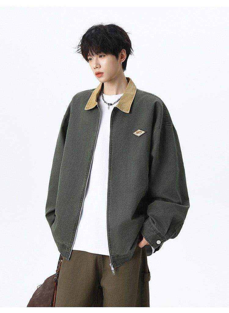 Maxbarley Trendy Cotton Jacket Men Autumn 2025 Hip-Hop Stitching Windproof Lapel Jackets K-Pop Antique Washed Motorcycle Coat