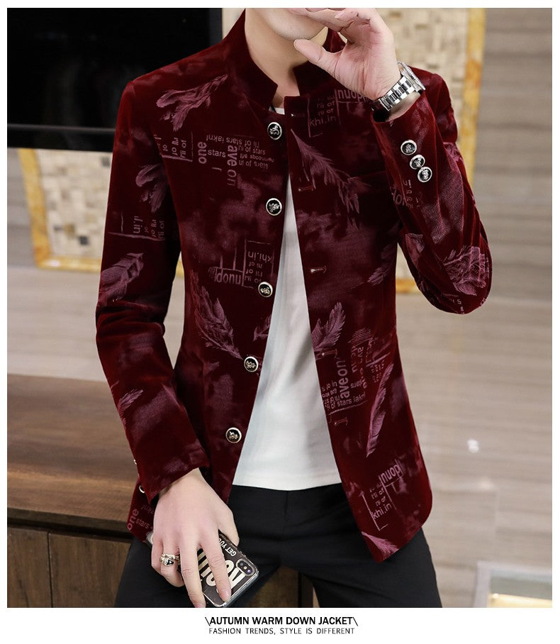 Luxury Retro Velvet Suit Jacket for Men Fashion Slim Fit Stand Collar Blazer Masculino Casual Business Wedding Dress Coat