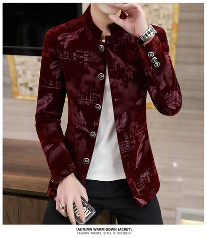 Luxury Retro Velvet Suit Jacket for Men Fashion Slim Fit Stand Collar Blazer Masculino Casual Business Wedding Dress Coat
